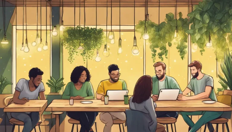 Pessoas em um café moderno usando smartphones para deixar comentários em um tablet, com um painel de avaliações ao fundo.